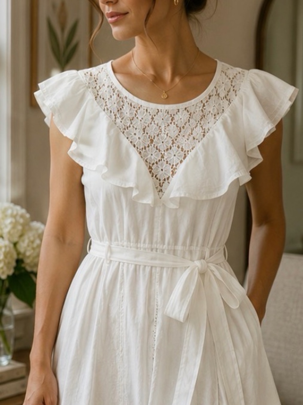 Ryu White Ruffle Lace Yoke Tie-Waist Blouse